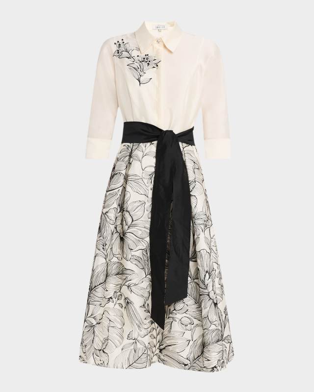 Beaded Floral-Embroidered Midi Shirtdress